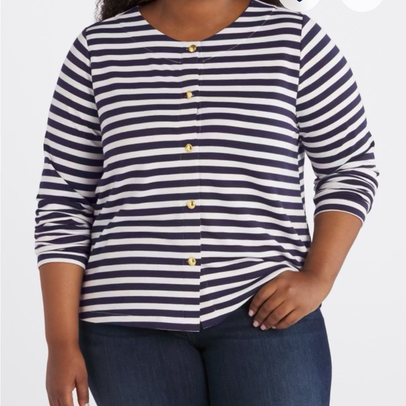 Bobeau Striped Dark Navy and White Cardigan with Gold Buttons Size 1X - Picture 1 of 10